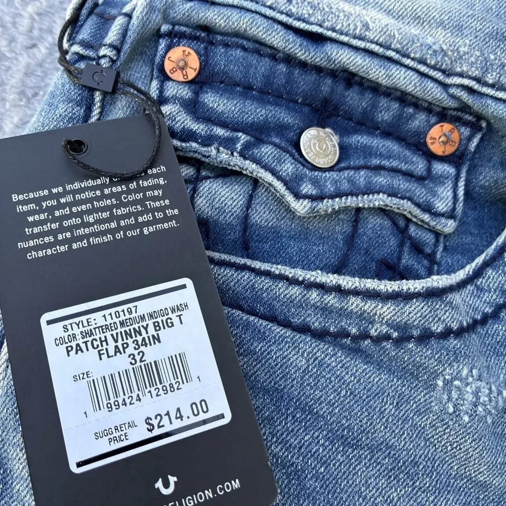 True Religion Jeans Patch Vinny Big T Flap Men’s 32 X 34 Ultra Baggy Varsity